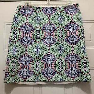 3/$15 Talbots cotton size 8 petite green/blue geometric print skirt